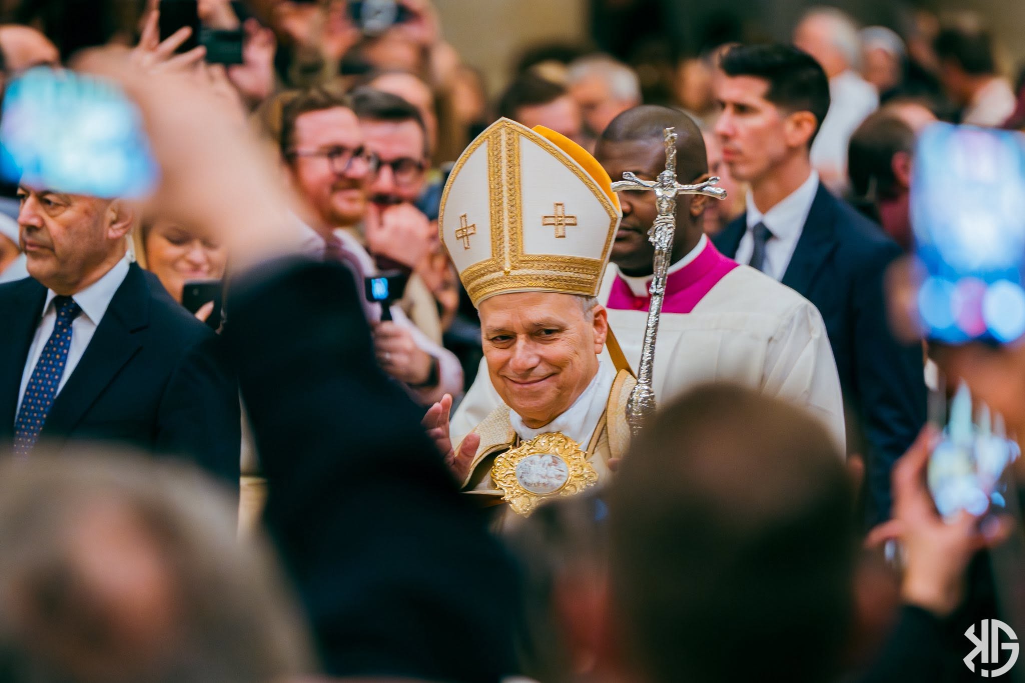 Pope Leo XIV greeting a crowd at the Basilica of St. Paul Outside the Walls in Rome