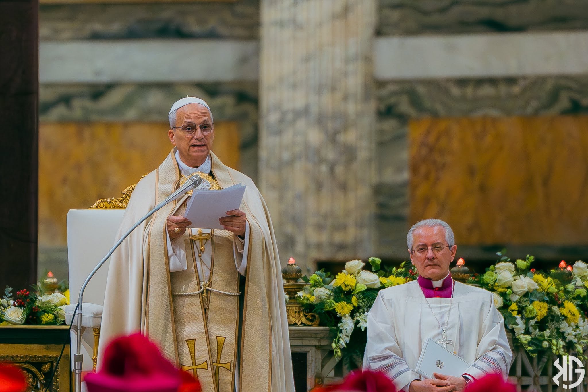 Pope Leo XIV speaking during a liturgical celebration in Rome